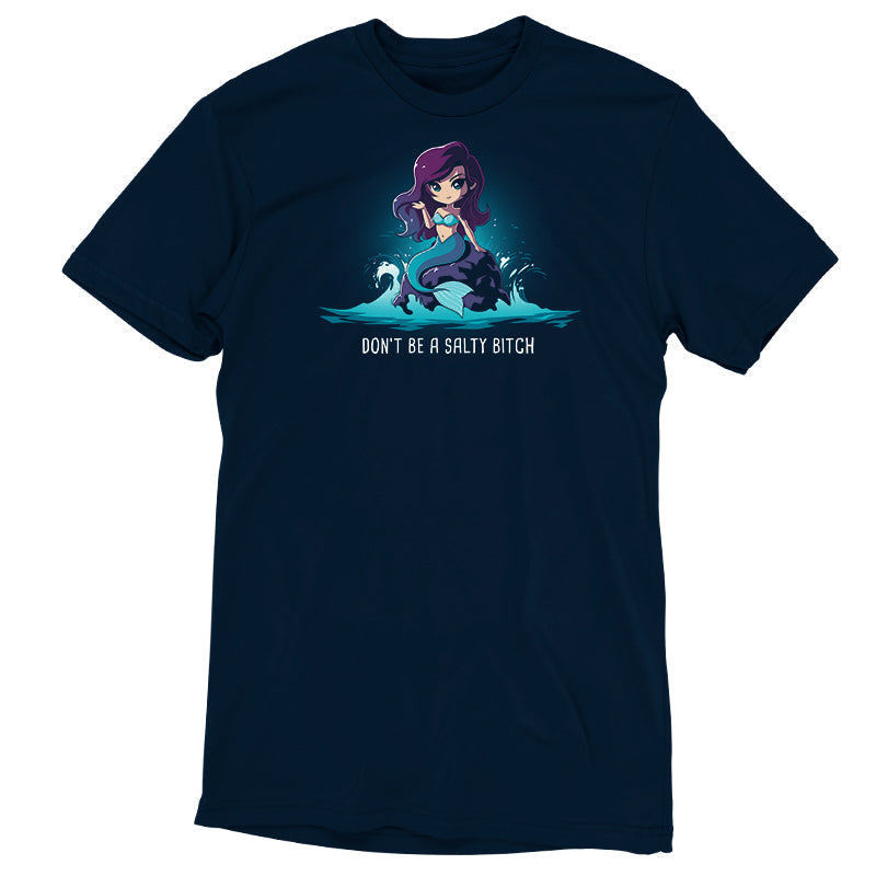 Premium Cotton T-shirt_TeeTurtle Salty Beach navy blue t-shirt featuring a magical purple-haired mermaid with a teal tail sitting on a rock in the ocean, with the pun "Don't be a Salty Beach" at the bottom.