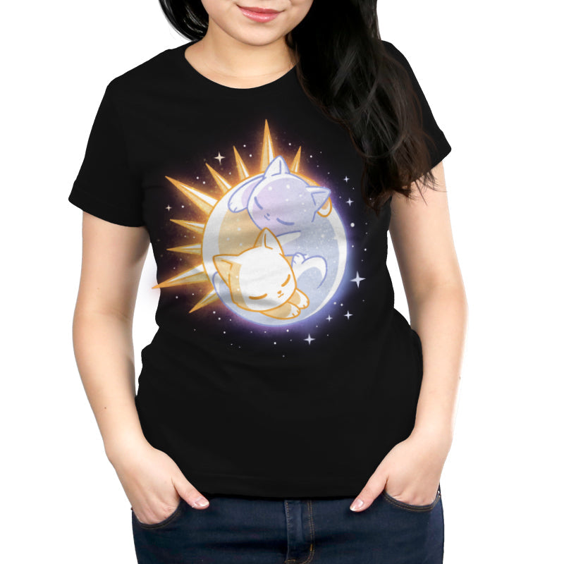 Premium Cotton T-shirt_TeeTurtle black Sun & Moon Kitties apparel featuring a sun cat and moon cat sleeping together in a yin-yang formation.