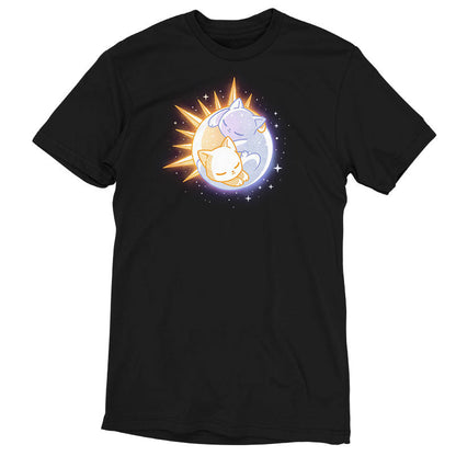 Premium Cotton T-shirt_TeeTurtle black Sun & Moon Kitties apparel featuring a sun cat and moon cat sleeping together in a yin-yang formation.