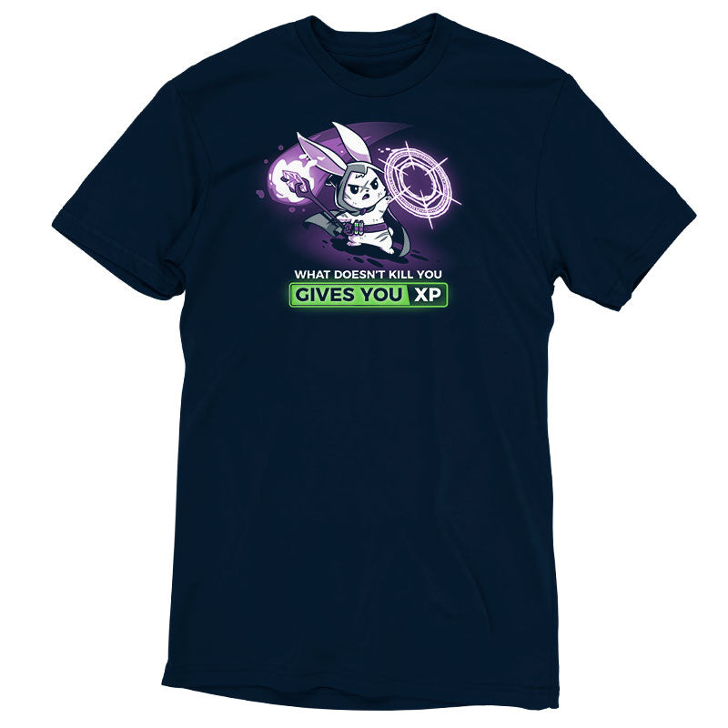 Premium Cotton T-shirt_TeeTurtle What Doesn't Kill You Gives You XP (Bunny) navy blue t-shirt featuring a rabbit in a mage costume casting a spell, holding a staff with a green potion attached. Text below reads "What Doesn't Kill You Gives You XP."