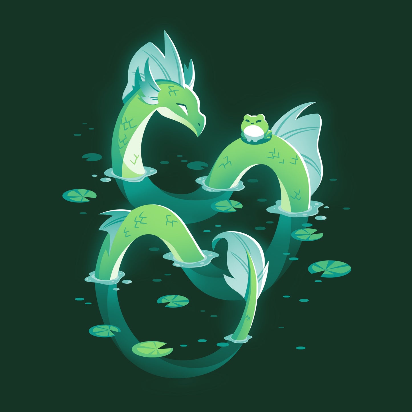 Premium Cotton T-shirt_TeeTurtle Lagoon Dragon forest green t-shirt featuring an artistic dragon in water with a frog on him.