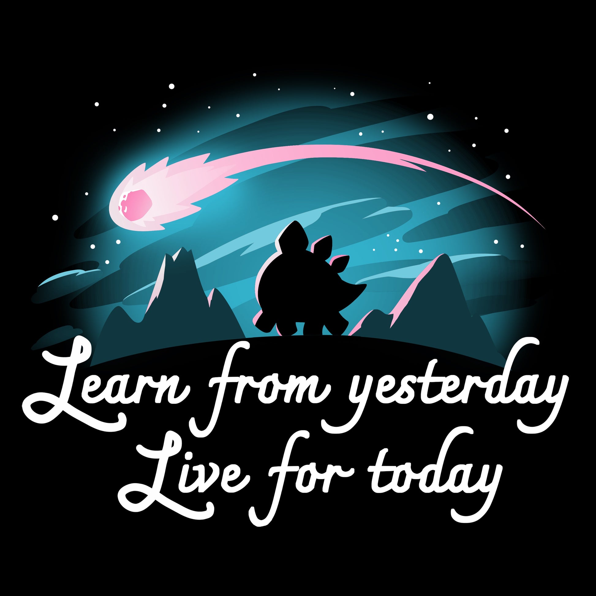 Premium Cotton T-shirt_TeeTurtle Learn From Yesterday, Live For Today black t-shirt featuring a silhouette of a stegosaurus dinosaur walking in the moonlight with an asteroid overhead.