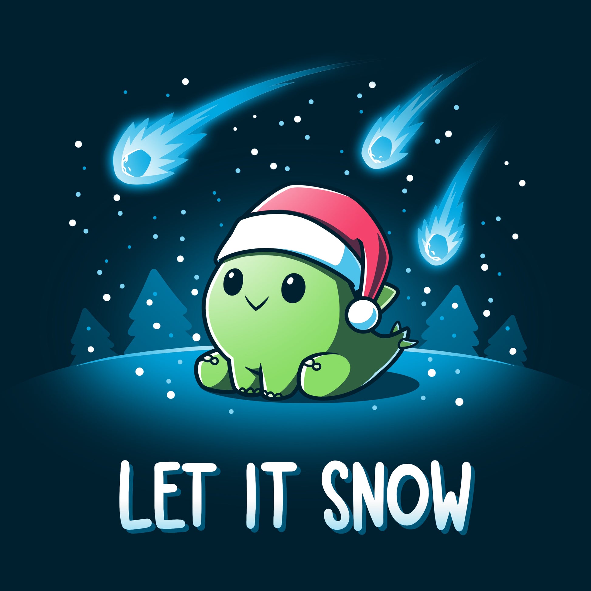 Premium Cotton T-shirt_TeeTurtle let it snow navy blue t-shirt featuring a dinosaur wearing a santa hat.