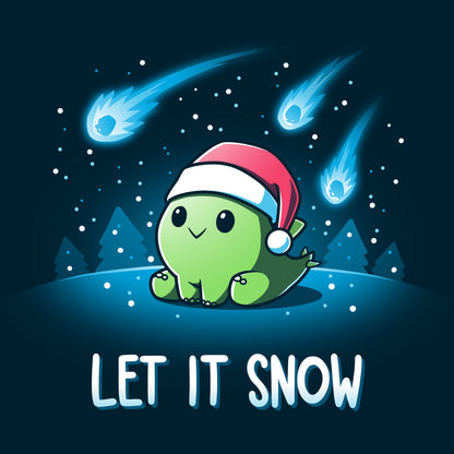 Premium Cotton T-shirt_TeeTurtle let it snow navy blue t-shirt featuring a dinosaur wearing a santa hat.