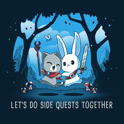 Premium Cotton T-shirt_TeeTurtle Let’s Do Side Quests Together navy blue t-shirt featuring a cat with a staff and a bunny with a sword surrounded by trees and mushrooms.