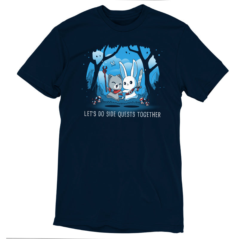 Premium Cotton T-shirt_TeeTurtle Let’s Do Side Quests Together navy blue t-shirt featuring a cat with a staff and a bunny with a sword surrounded by trees and mushrooms.