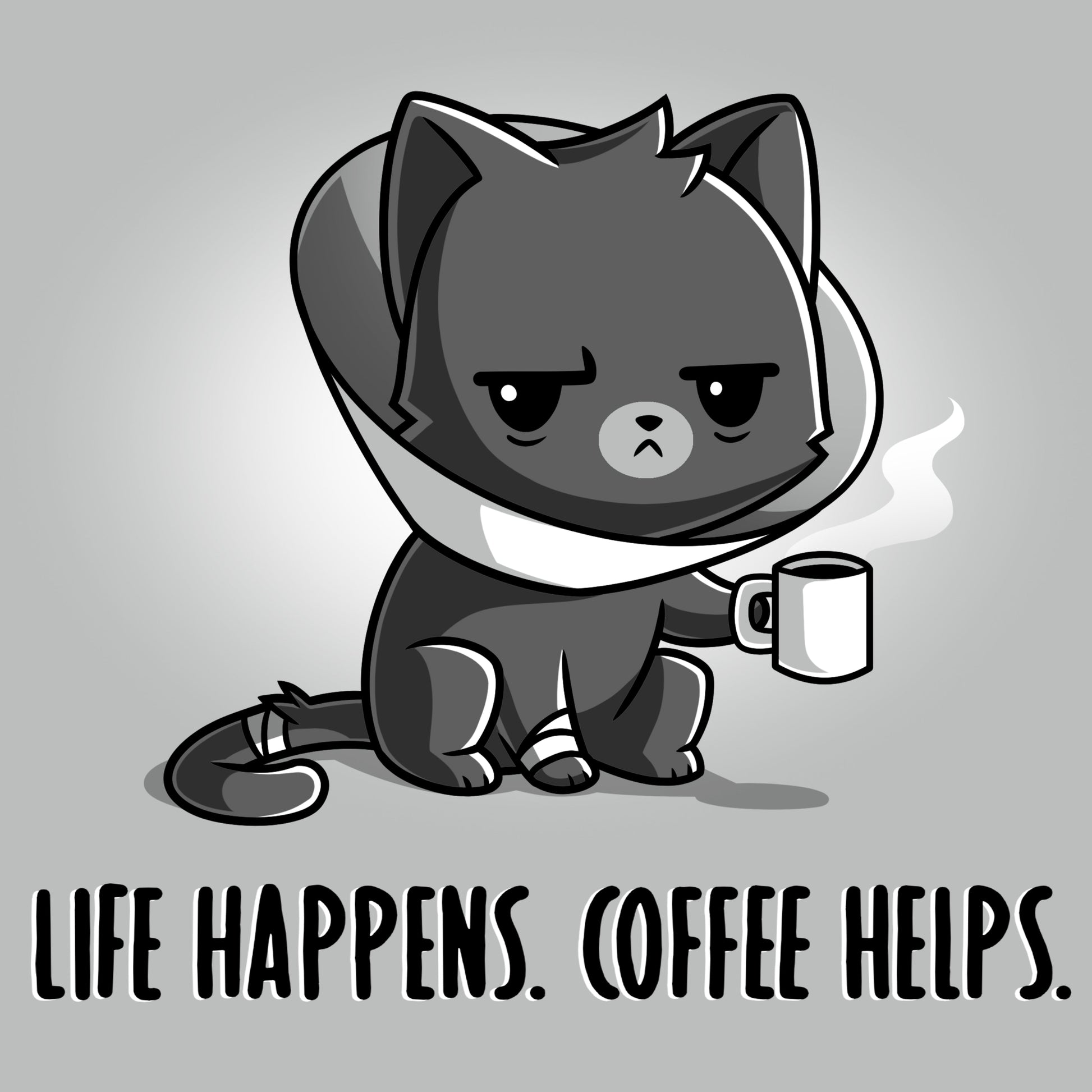 Premium Cotton T-shirt_Teeturtle Life Happens. Coffee Helps. silver gray t-shirt featuring a cat with a medical cone holding a steaming mug. The text below reads, "Life happens. Coffee helps."