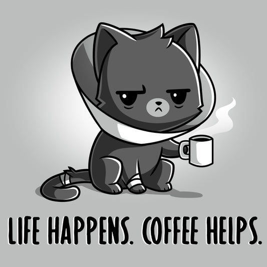 Premium Cotton T-shirt_Teeturtle Life Happens. Coffee Helps. silver gray t-shirt featuring a cat with a medical cone holding a steaming mug. The text below reads, 