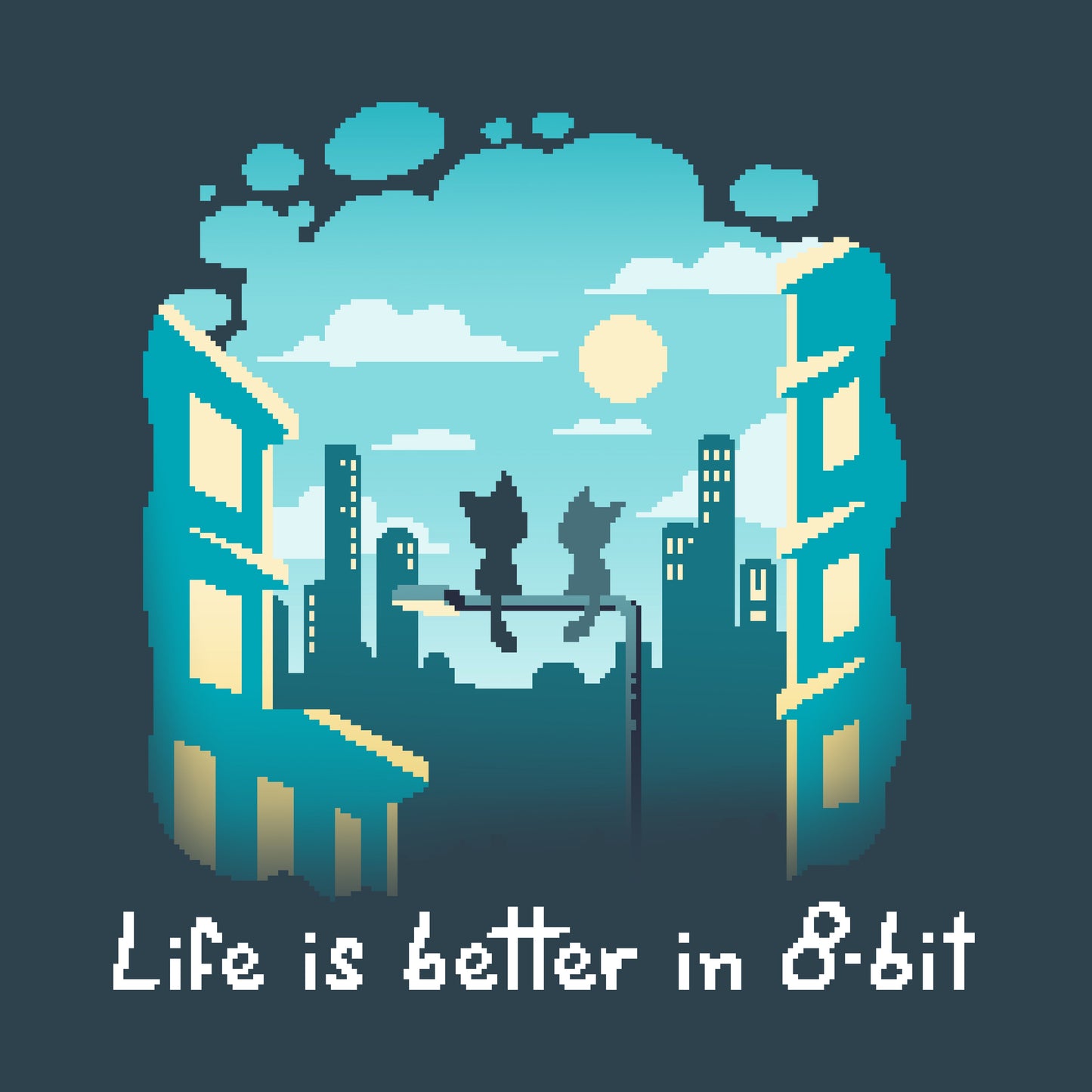 Premium Cotton T-shirt_TeeTurtle Life Is Better in 8-bit denim t-shirt featuring pixel art cityscape with two cats sitting on top of a lamppost under a partly cloudy sky. Text at the bottom reads "Life Is Better in 8-Bit." 