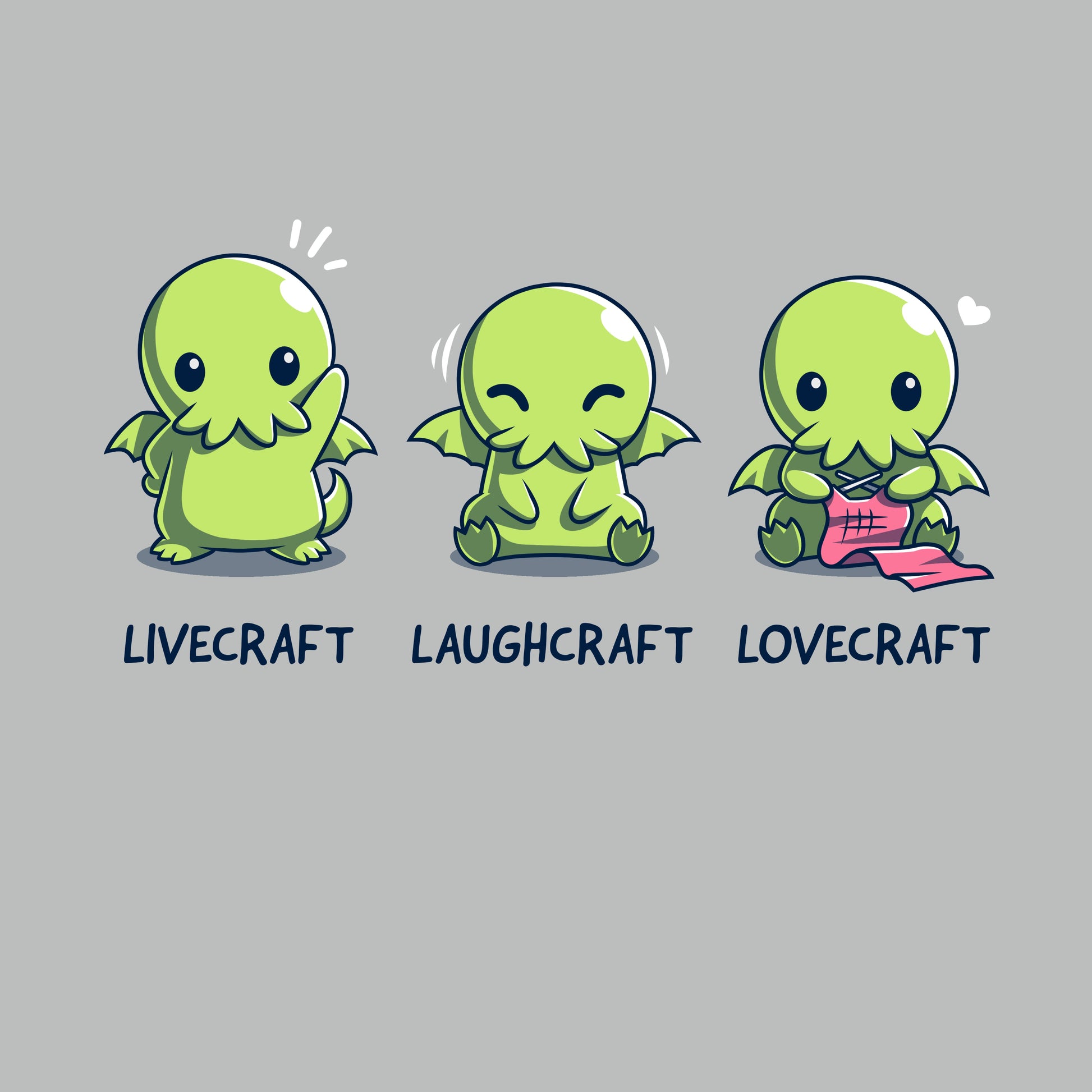 Premium Cotton T-shirt_TeeTurtle silver gray Livecraft, Laughcraft, Lovecraft. Featuring a chibi Cthulhu waving, laughing, and crafting.