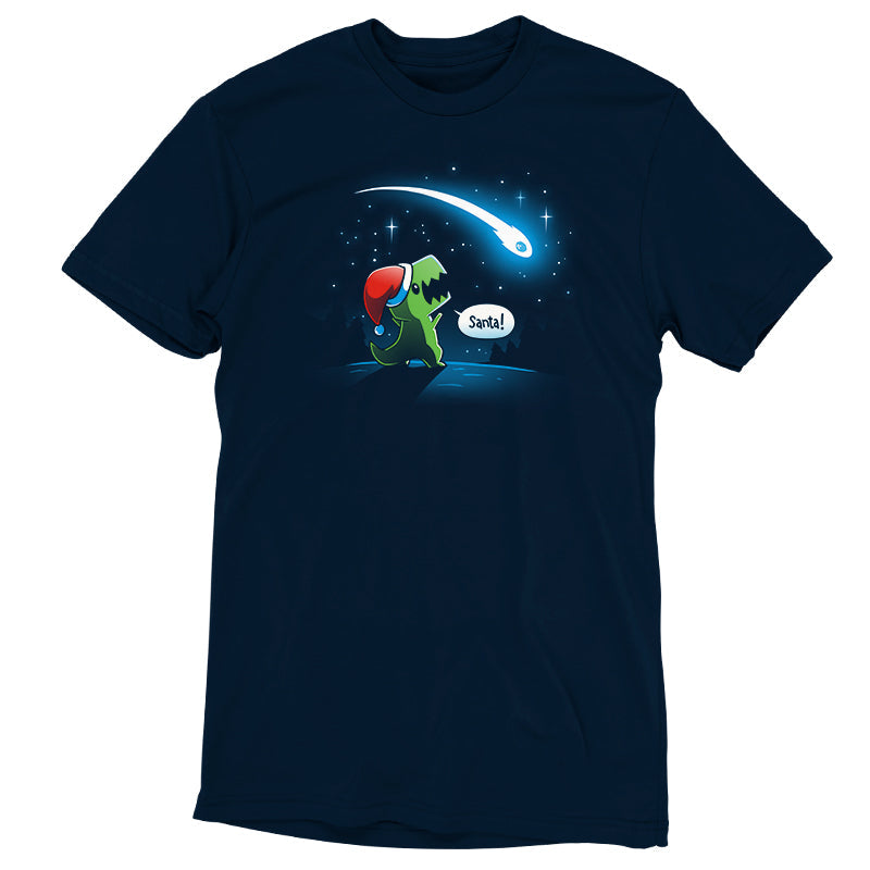 Premium Cotton T-shirt_TeeTurtle Look, Santa! navy blue t-shirt featuring a dinosaur with a Christmas santa hat on looking at a meteor, shouting “Santa!”