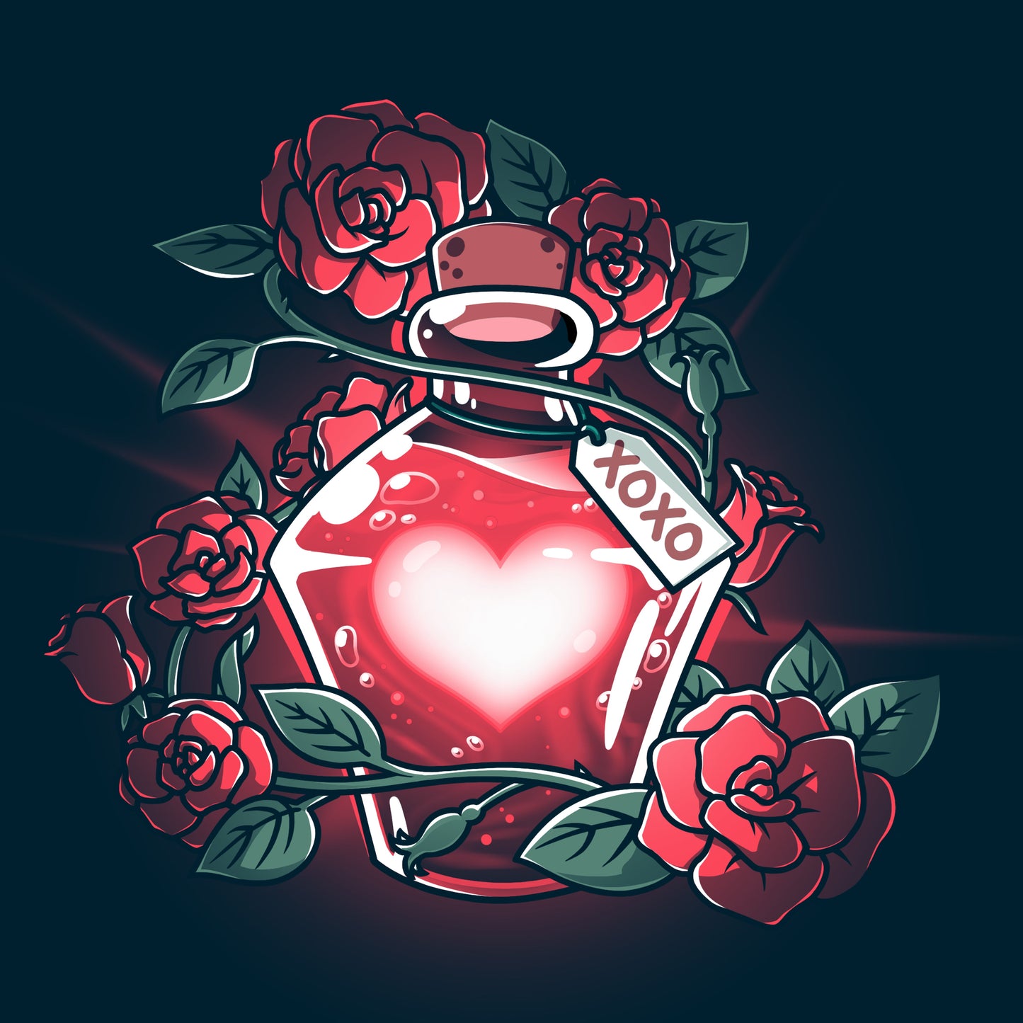 Premium Cotton T-shirt_TeeTurtle Love Potion navy blue t-shirt featuring a glowing red heart-shaped potion bottle surrounded by roses and vines. A tag with "XOXO" hangs from the bottle.