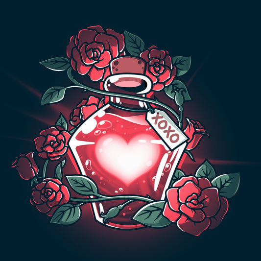 Premium Cotton T-shirt_TeeTurtle Love Potion navy blue t-shirt featuring a glowing red heart-shaped potion bottle surrounded by roses and vines. A tag with 