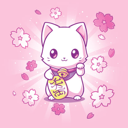 Premium Cotton T-shirt_TeeTurtle Lucky Sakura Kitty light pink t-shirt featuring a kawaii cat surrounded by flowers.