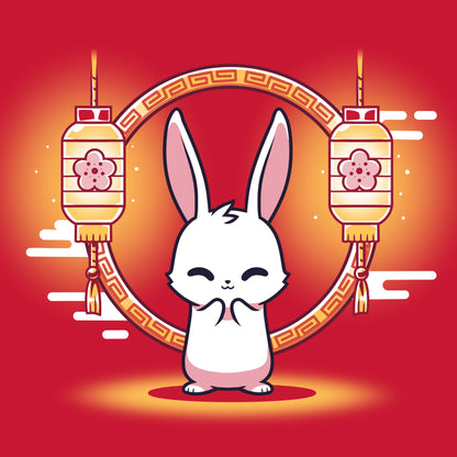 Premium Cotton T-shirt_TeeTurtle Lunar New Year Bunny red t-shirt featuring a cheerful white bunny in front of lunar new year themed lanterns.