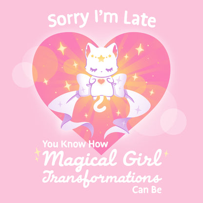 Premium Cotton T-shirt_TeeTurtle light pink Magical Girl Transformations t-shirt featuring a cat transforming into a magical cat like a classic anime magical girl.