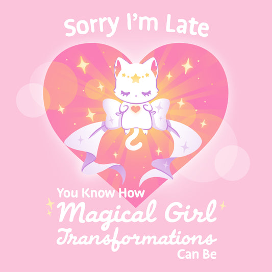 Premium Cotton T-shirt_TeeTurtle light pink Magical Girl Transformations t-shirt featuring a cat transforming into a magical cat like a classic anime magical girl.