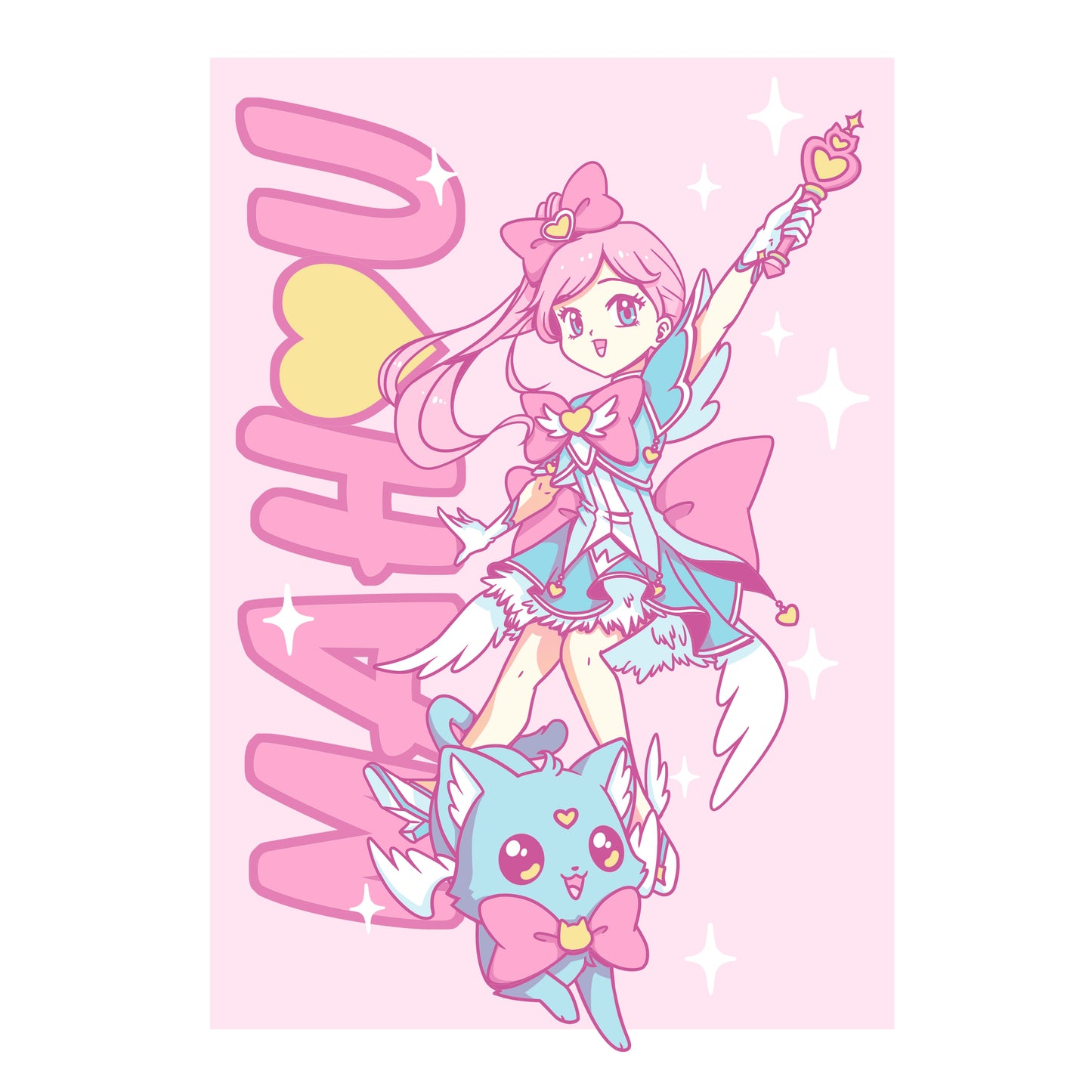 Premium Cotton T-shirt_TeeTurtle Mahou Shoujo and Cat white t-shirt featuring an anime girl with long, pink hair and a pink bow wearing a blue dress and holding a magical staff. A smiling blue cat wearing a pink bow by her feet. "MAHU" is written on the side going upwards, and the illustration is surrounded by white stars. 