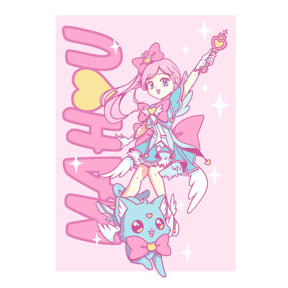 Premium Cotton T-shirt_TeeTurtle Mahou Shoujo and Cat white t-shirt featuring an anime girl with long, pink hair and a pink bow wearing a blue dress and holding a magical staff. A smiling blue cat wearing a pink bow by her feet. "MAHU" is written on the side going upwards, and the illustration is surrounded by white stars. 