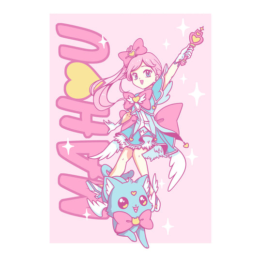 Premium Cotton T-shirt_TeeTurtle Mahou Shoujo and Cat white t-shirt featuring an anime girl with long, pink hair and a pink bow wearing a blue dress and holding a magical staff. A smiling blue cat wearing a pink bow by her feet. 