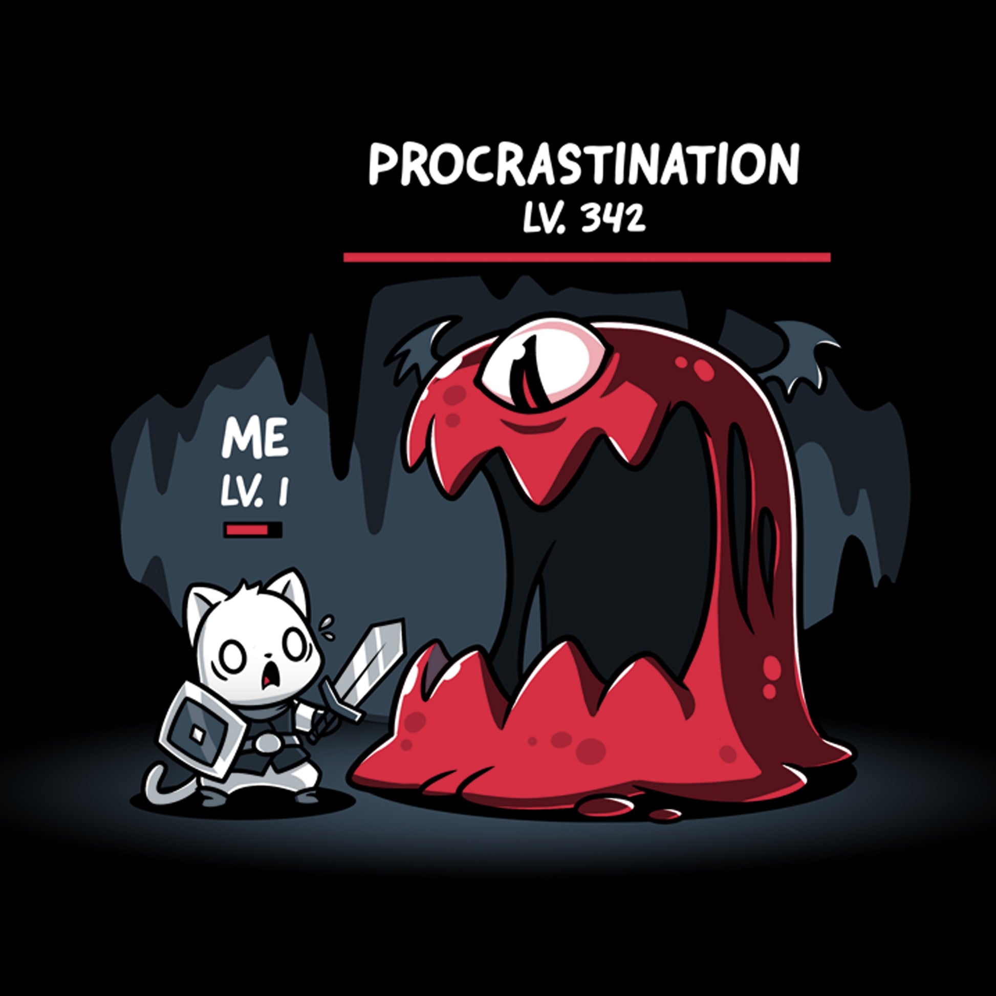 Premium Cotton T-shirt_TeeTurtle Me Vs. Procrastination black t-shirt featuring a cat knight labeled "ME LV. 1" standing nervously in front of a giant red monster labeled "PROCRASTINATION LV. 342" in a dark, cavernous setting.