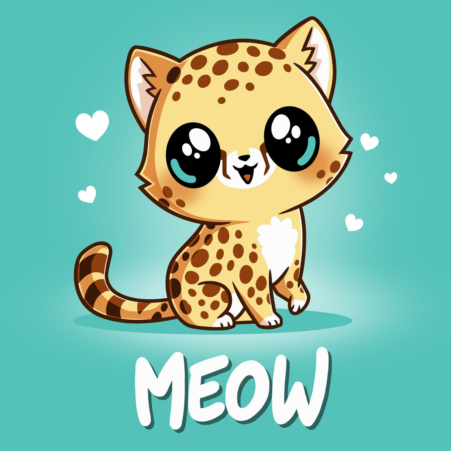 Premium Cotton T-shirt_Teeturtle Meow caribbean blue t-shirt featuring a cute, big-eyed spotted cheetah with a striped tail sitting and smiling. Hearts surround the cat's head, and the word "MEOW" is written below.