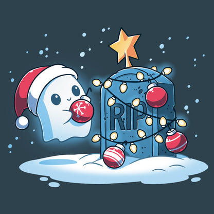 Premium Cotton T-shirt_TeeTurtle denim blue Merry Cryptmas t-shirt featuring a ghost putting holiday decor on a tombstone.