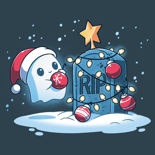 Premium Cotton T-shirt_TeeTurtle denim blue Merry Cryptmas t-shirt featuring a ghost putting holiday decor on a tombstone.