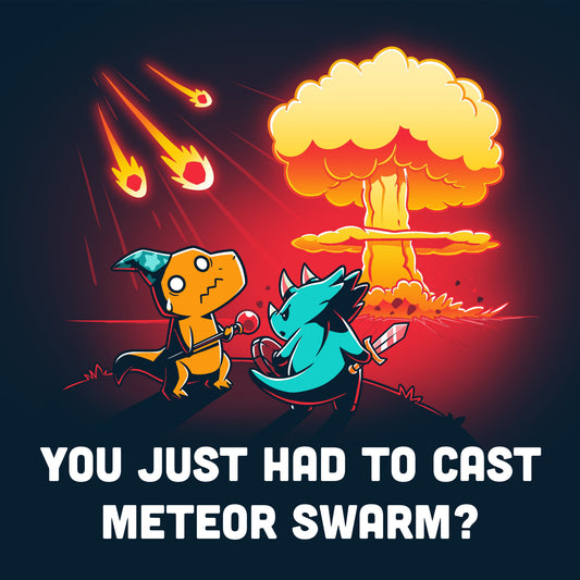 Premium Cotton T-shirt_TeeTurtle Meteor Swarm navy blue t-shirt featuring two dinosaurs dressed up in fantasy costumes looking at a meteor shower in the distance.