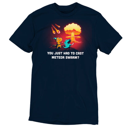 Premium Cotton T-shirt_TeeTurtle Meteor Swarm navy blue t-shirt featuring two dinosaurs dressed up in fantasy costumes looking at a meteor shower in the distance.