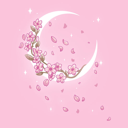 Premium Cotton T-shirt_TeeTurtle Moon Blossoms light pink t-shirt featuring an artistic moon with pink flower blossoms on it and petals all around.