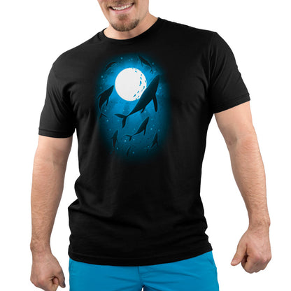 Premium Cotton T-shirt_Teeturtle Moonlight Swim Black Featuring a large pod of whales swimming under the light of the full moon.