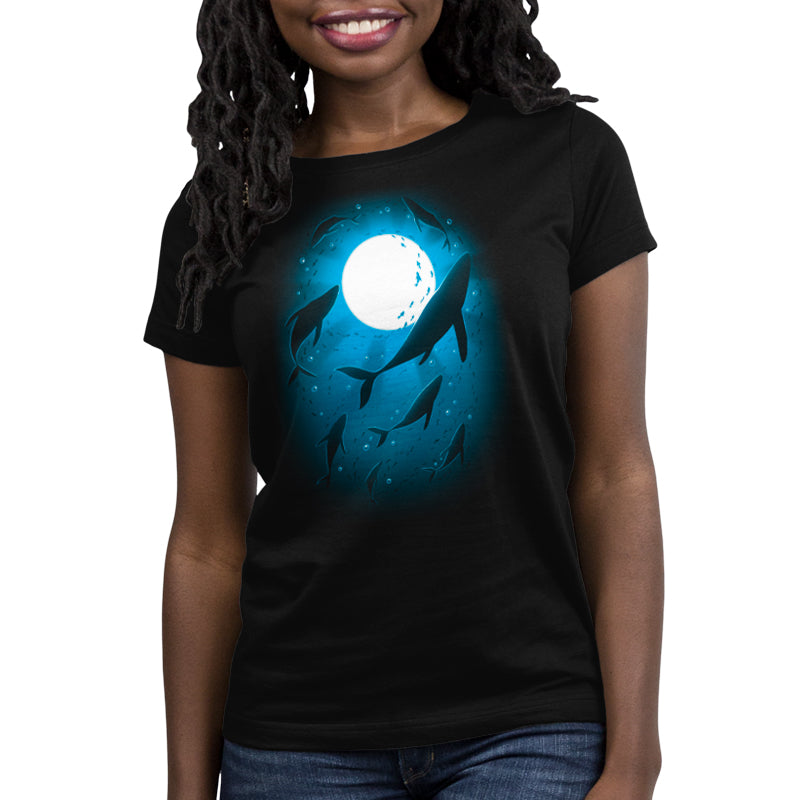 Premium Cotton T-shirt_Teeturtle Moonlight Swim Black Featuring a large pod of whales swimming under the light of the full moon.