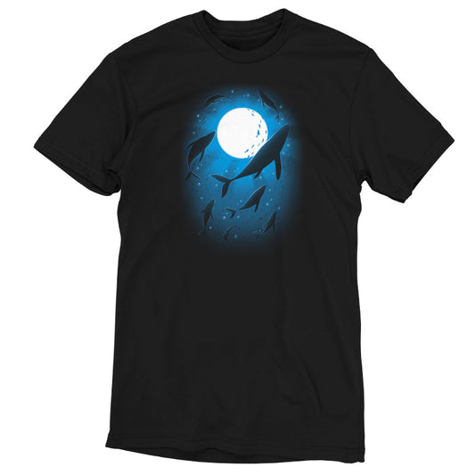 Premium Cotton T-shirt_Teeturtle Moonlight Swim Black Featuring a large pod of whales swimming under the light of the full moon.