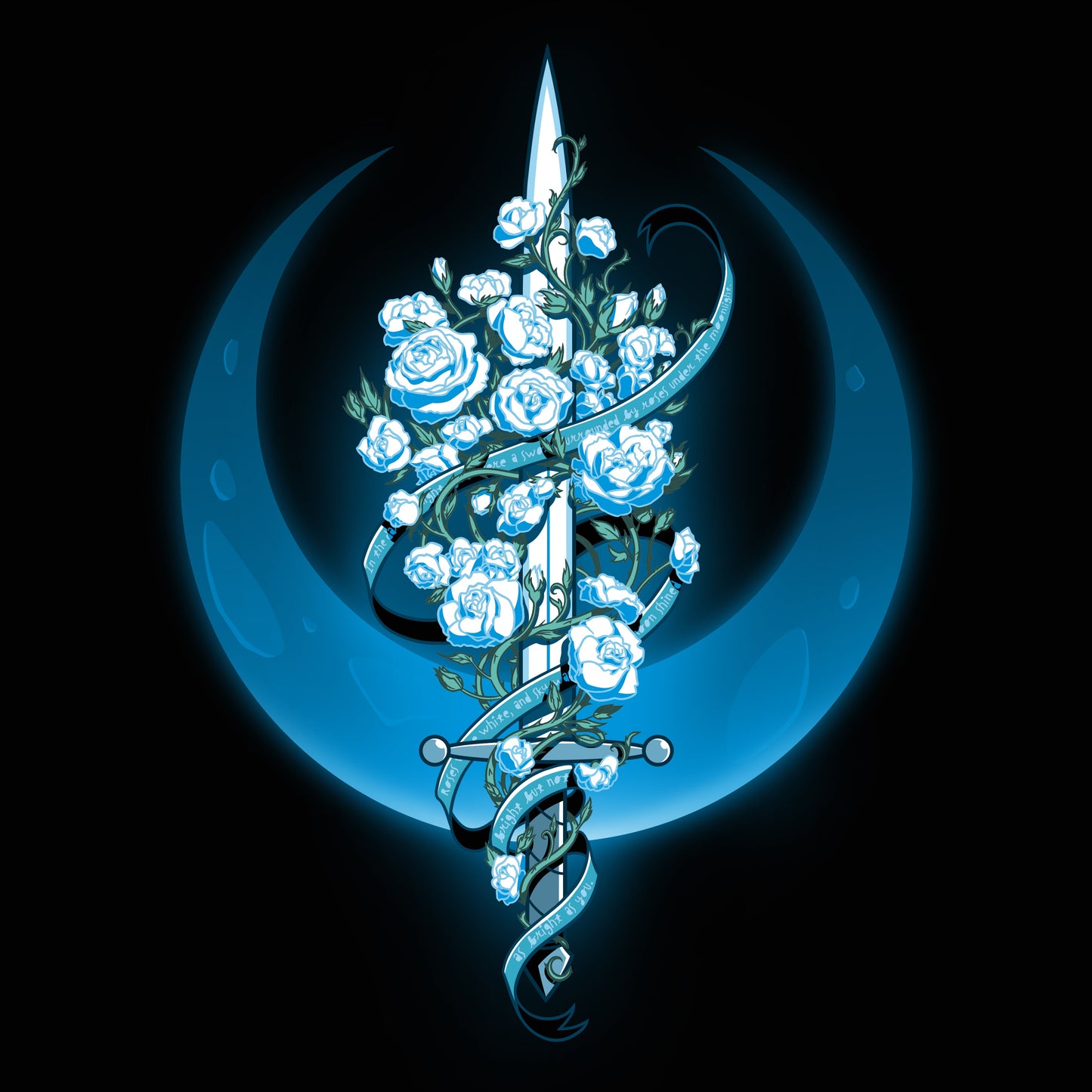 Premium Cotton T-shirt_TeeTurtle Moonlit Blade of Roses black t-shirt featuring a white sword entwined with blue roses and vines, set against a blue crescent moon.