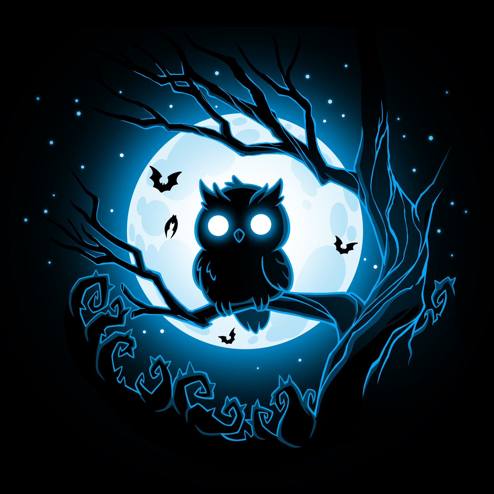 Premium Cotton T-shirt_TeeTurtle Moonlit Owl black t-shirt featuring a glowing blue owl perched on a branch with a full moon and bats in the background.