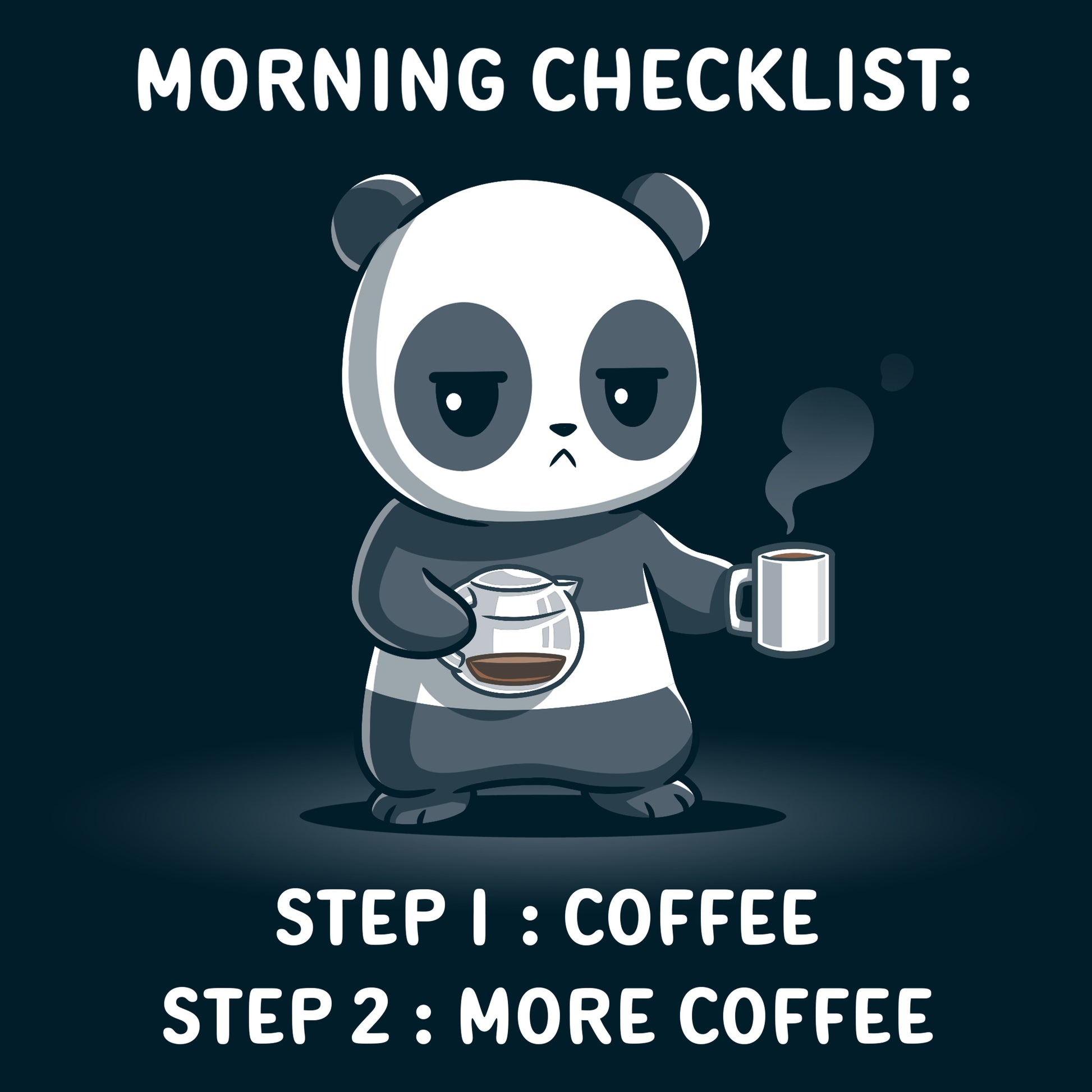 Premium Cotton T-shirt_TeeTurtle Morning Checklist navy blue t-shirt featuring a panda holding a coffee cup and a coffee pot.