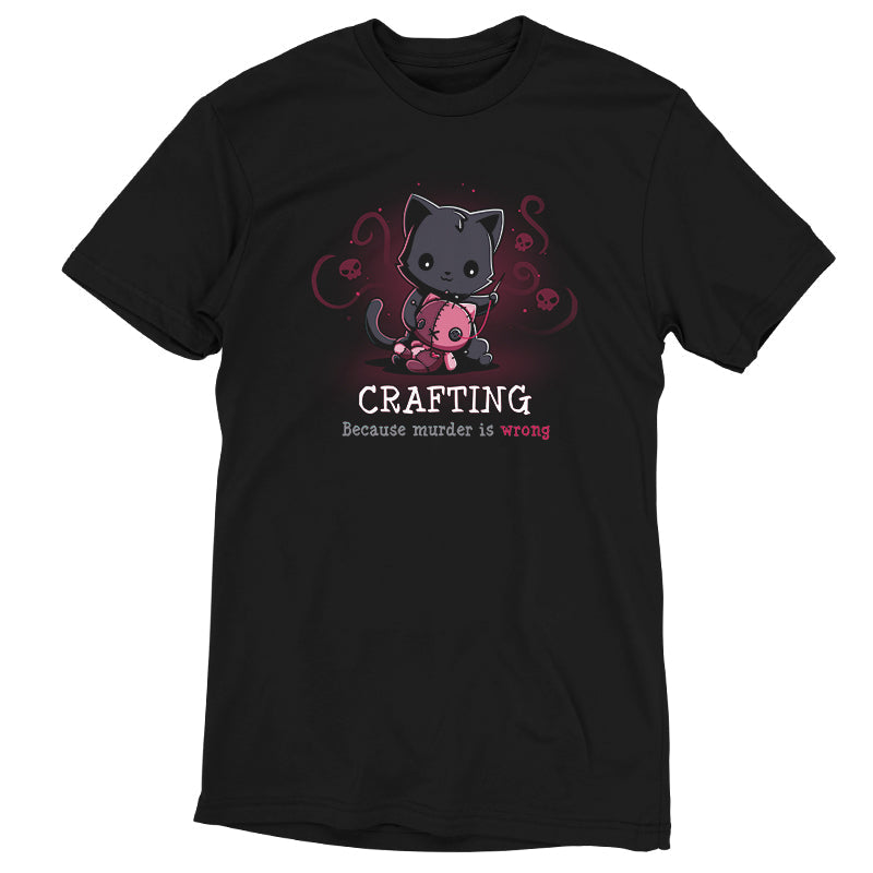 Premium Cotton T-shirt_TeeTurtle Murder is Wrong black t-shirt featuring a cartoon cat  with a needle stitches a voodoo doll with skulls and swirly designs are in the background while crafting.