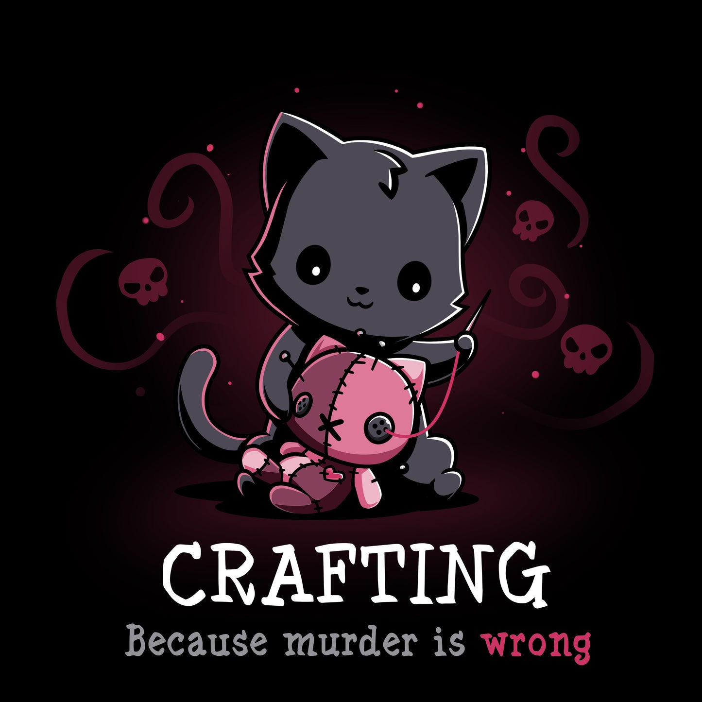 Premium Cotton T-shirt_TeeTurtle Murder is Wrong black t-shirt featuring a cartoon cat  with a needle stitches a voodoo doll with skulls and swirly designs are in the background while crafting.