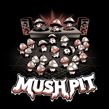 Premium Cotton T-shirt_TeeTurtle Mush Pit black t-shirt featuring a mushroom band playing in front of a bunch of dancing mushrooms.