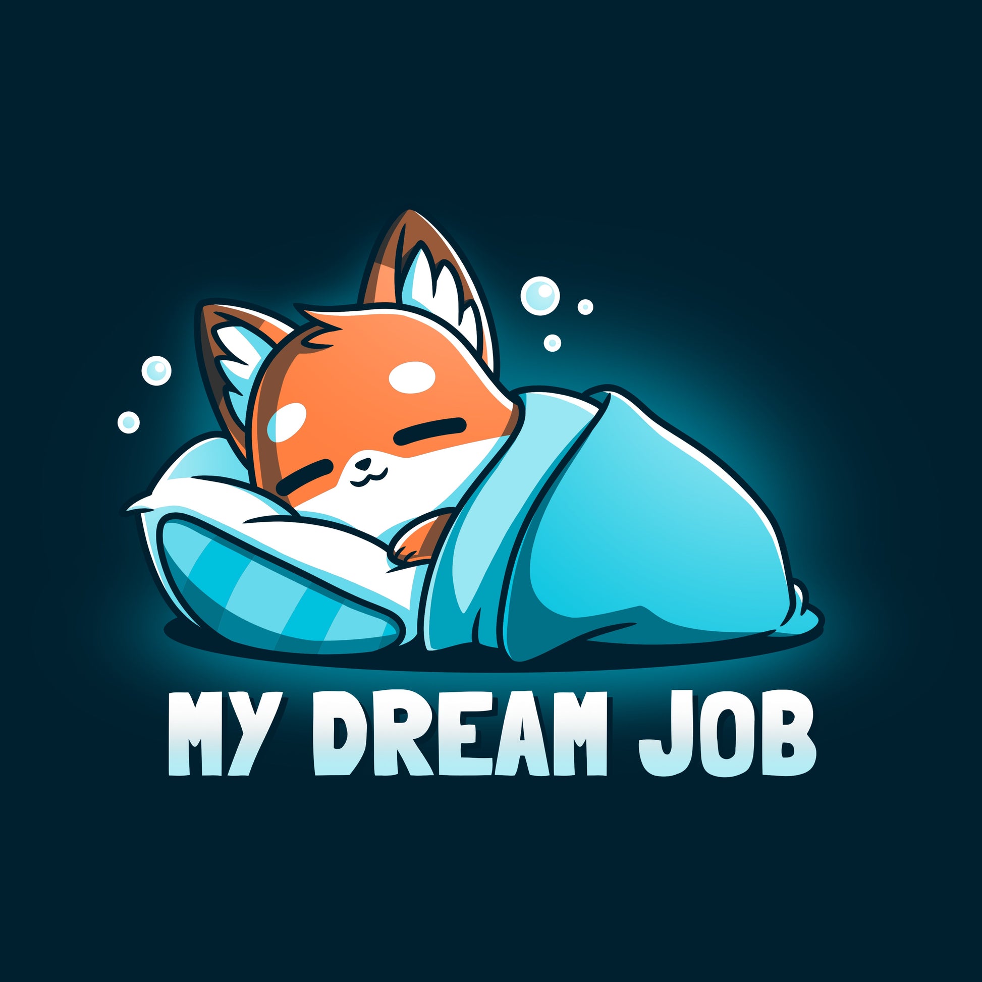 Premium Cotton T-shirt_TeeTurtle navy blue My Dream Job featuring a sleeping fox with a blanket.