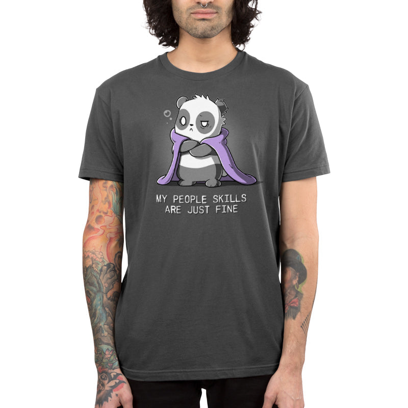 Premium Cotton T-shirt_TeeTurtle My People Skills Are Just Fine charcoal gray t-shirt featuring a sarcastic panda with a purple blanket draped around its shoulders and arms crossed.