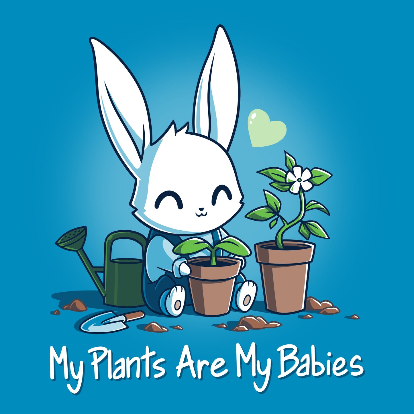 Premium Cotton T-shirt_Teeturtle My Plants Are My Babies cobalt blue t-shirt featuring a smiling bunny watering two potted plants with the phrase "My Plants Are My Babies" written below.