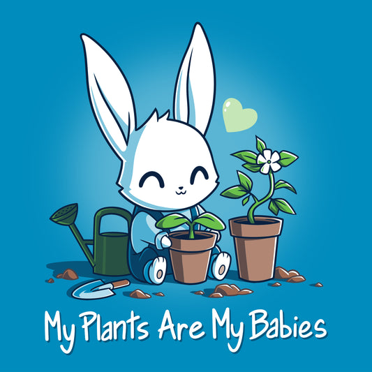 Premium Cotton T-shirt_Teeturtle My Plants Are My Babies cobalt blue t-shirt featuring a smiling bunny watering two potted plants with the phrase 