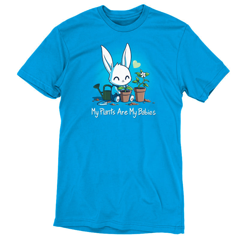 Premium Cotton T-shirt_Teeturtle My Plants Are My Babies cobalt blue t-shirt featuring a smiling bunny watering two potted plants with the phrase "My Plants Are My Babies" written below.