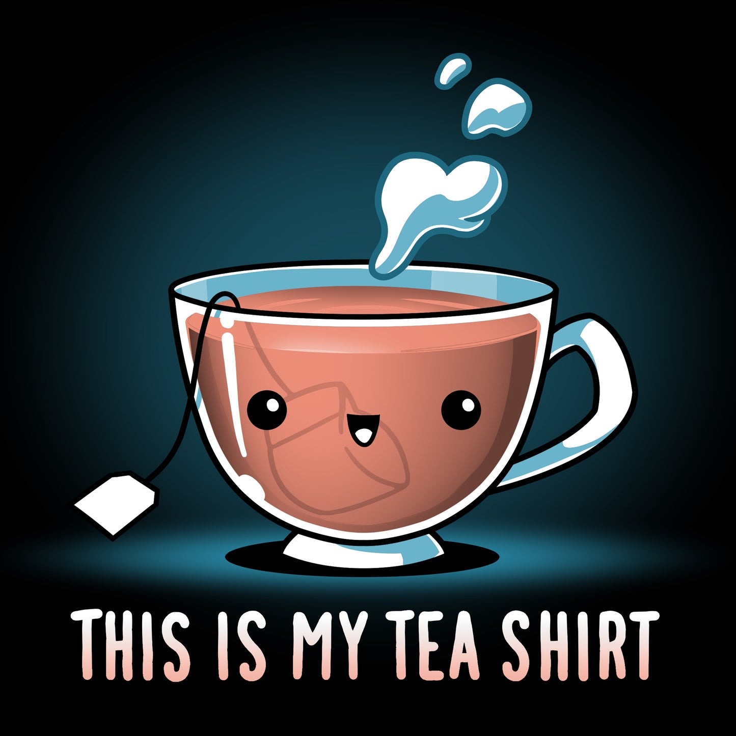 Premium Cotton T-shirt_TeeTurtle My Tea Shirt black t-shirt featuring a smiling teacup with a tea bag inside. Text below reads, "This is My Tea Shirt."