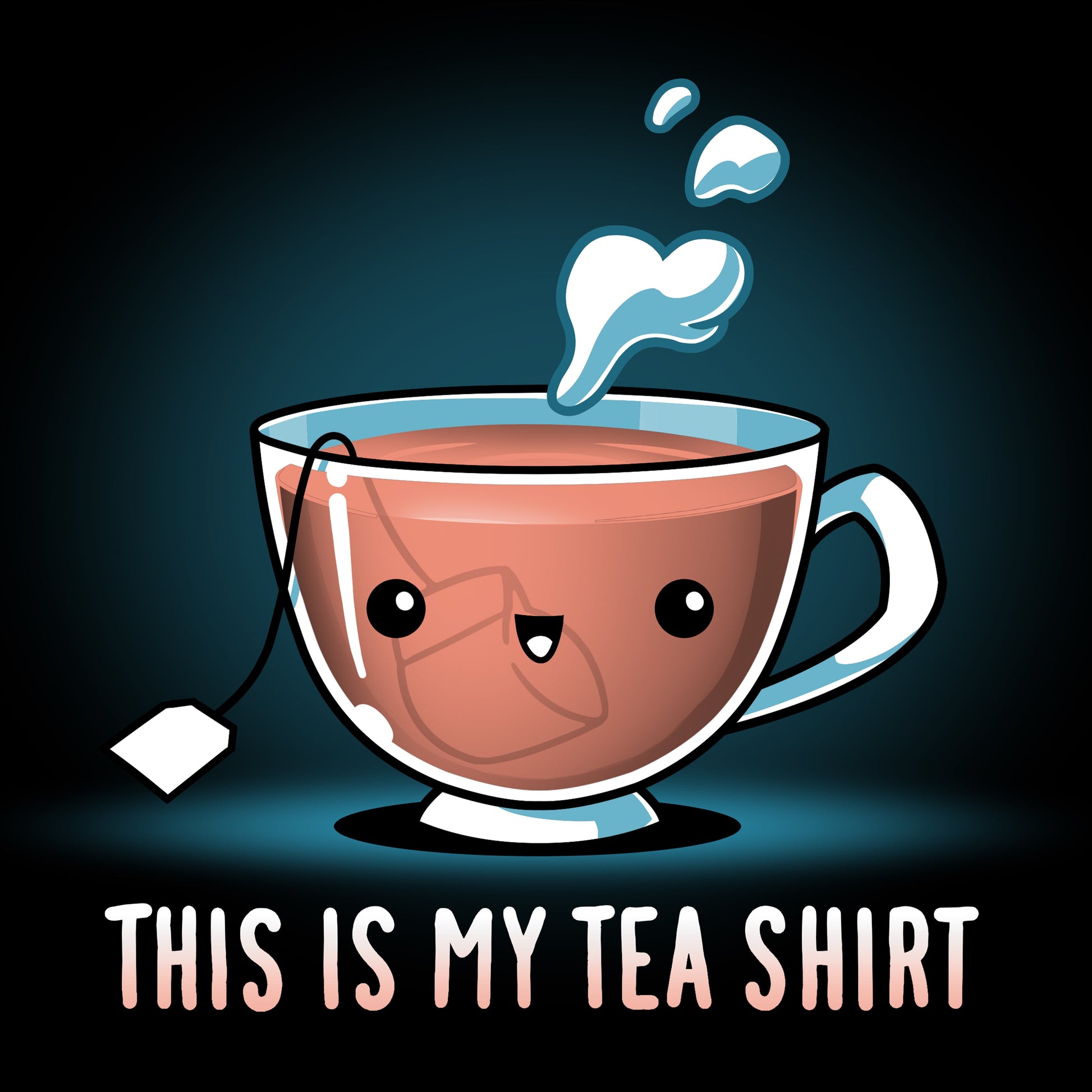 Premium Cotton T-shirt_TeeTurtle My Tea Shirt black t-shirt featuring a smiling teacup with a tea bag inside. Text below reads, "This is My Tea Shirt."