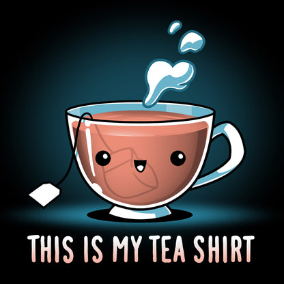 Premium Cotton T-shirt_TeeTurtle My Tea Shirt black t-shirt featuring a smiling teacup with a tea bag inside. Text below reads, "This is My Tea Shirt."