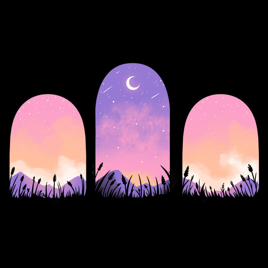 Premium Cotton T-shirt_TeeTurtle Mystic Triptych black t-shirt featuring three arched windows showing a purple and pink sky with a crescent moon and stars, silhouetted grass, and mountains in the foreground.