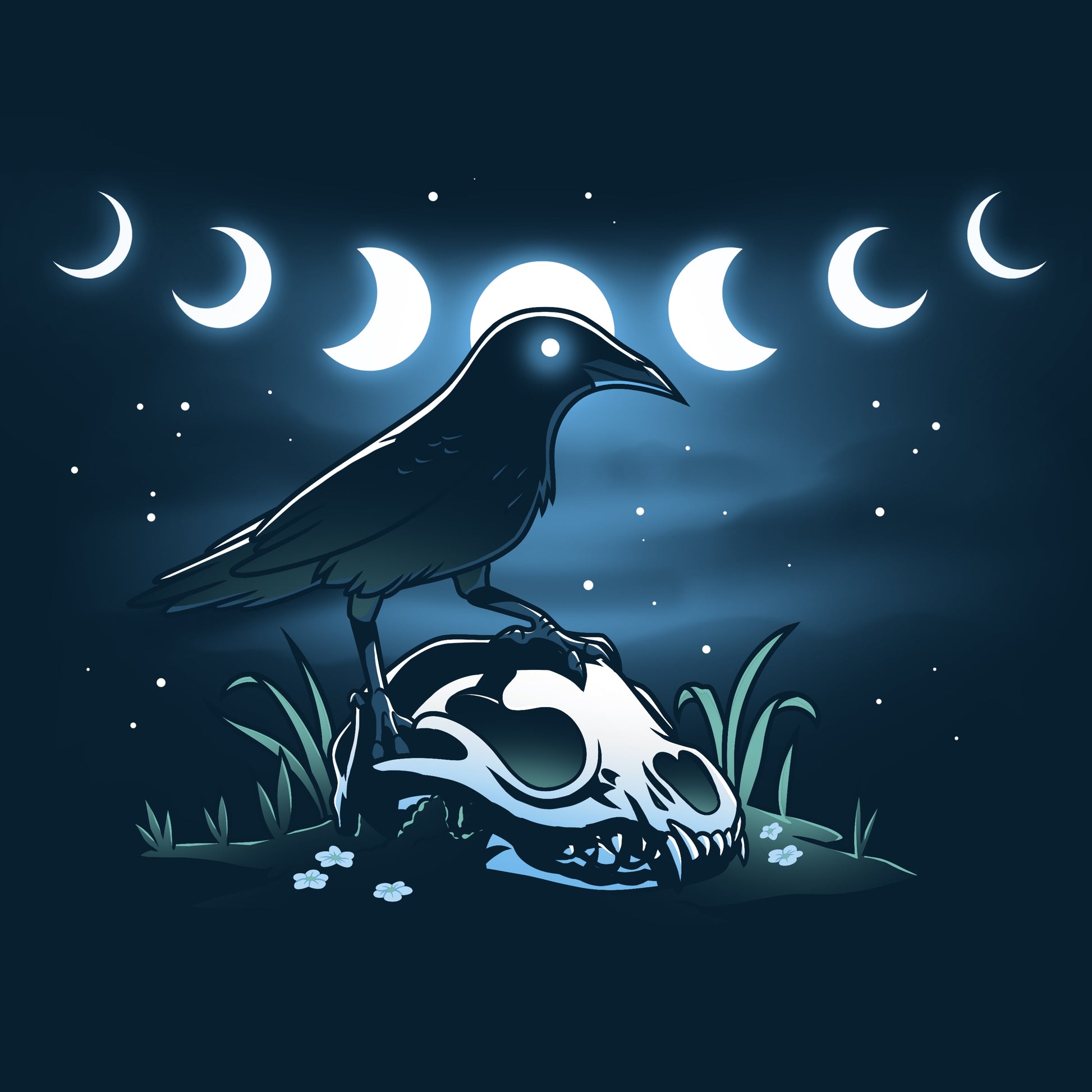 Premium Cotton T-shirt_TeeTurtle Mystical Crow navy blue t-shirt featuring a crow with glowing eyes standing on an animal skull in a grassy area under a night sky.